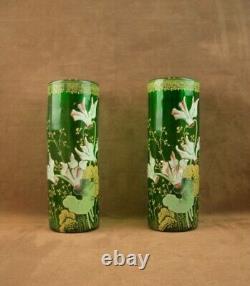 Paire De Vases En Verre Emaille Art Nouveau Decor Floral Legras