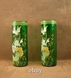 Paire De Vases En Verre Emaille Art Nouveau Decor Floral Legras