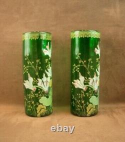 Paire De Vases En Verre Emaille Art Nouveau Decor Floral Legras