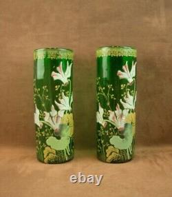 Paire De Vases En Verre Emaille Art Nouveau Decor Floral Legras