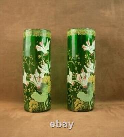 Paire De Vases En Verre Emaille Art Nouveau Decor Floral Legras
