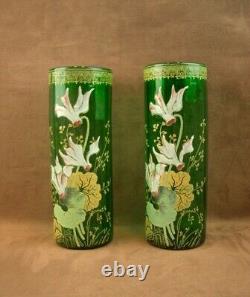 Paire De Vases En Verre Emaille Art Nouveau Decor Floral Legras