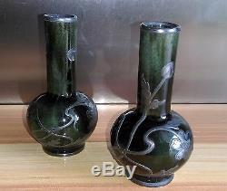 Paire De Vases Miniatures En Grès Art Nouveau Monture En Étain