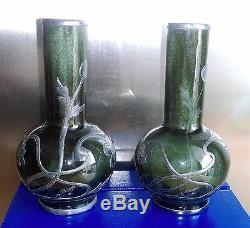 Paire De Vases Miniatures En Grès Art Nouveau Monture En Étain