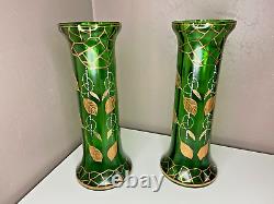 Paire De Vases Montjoye en Verre Teinté Vert Agrémentée De Dorures Art Nouveau