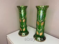 Paire De Vases Montjoye en Verre Teinté Vert Agrémentée De Dorures Art Nouveau