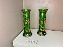 Paire De Vases Montjoye en Verre Teinté Vert Agrémentée De Dorures Art Nouveau