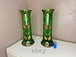 Paire De Vases Montjoye en Verre Teinté Vert Agrémentée De Dorures Art Nouveau