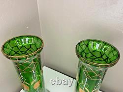 Paire De Vases Montjoye en Verre Teinté Vert Agrémentée De Dorures Art Nouveau