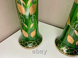 Paire De Vases Montjoye en Verre Teinté Vert Agrémentée De Dorures Art Nouveau