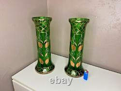 Paire De Vases Montjoye en Verre Teinté Vert Agrémentée De Dorures Art Nouveau
