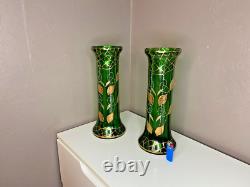 Paire De Vases Montjoye en Verre Teinté Vert Agrémentée De Dorures Art Nouveau
