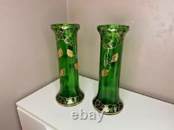 Paire De Vases Montjoye en Verre Teinté Vert Agrémentée De Dorures Art Nouveau