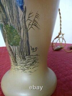 Paire Grand Vases Legras Oiseau Signe Leg Verre Emaille Art Nouveau