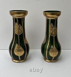 Paire Petits Vases Art Nouveau Legras Montjoye Saint-Denis Vert Doré Nénuphars
