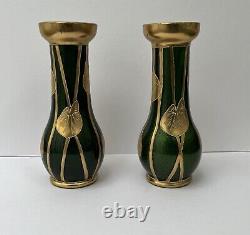 Paire Petits Vases Art Nouveau Legras Montjoye Saint-Denis Vert Doré Nénuphars
