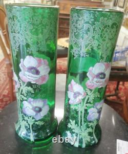 Paire VASES Verrerie Verre Vert Dorure Fleur Art Nouveau 1900 45MAG 27/12