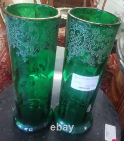 Paire VASES Verrerie Verre Vert Dorure Fleur Art Nouveau 1900 45MAG 27/12