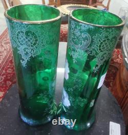 Paire VASES Verrerie Verre Vert Dorure Fleur Art Nouveau 1900 45MAG 27/12