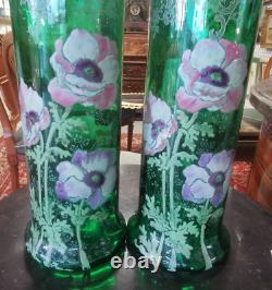 Paire VASES Verrerie Verre Vert Dorure Fleur Art Nouveau 1900 45MAG 27/12