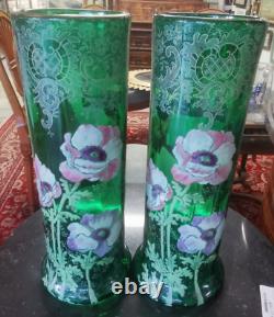 Paire VASES Verrerie Verre Vert Dorure Fleur Art Nouveau 1900 45MAG 27/12