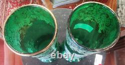 Paire VASES Verrerie Verre Vert Dorure Fleur Art Nouveau 1900 45MAG 27/12