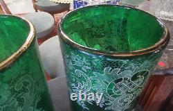 Paire VASES Verrerie Verre Vert Dorure Fleur Art Nouveau 1900 45MAG 27/12