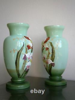 Paire Vases Art Nouveau Opaline émaillé 1900 décor Iris Floral Ancien