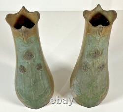 Paire Vases Art Nouveau Régule Patiné Bronze Signés Lesueur Décor Floral
