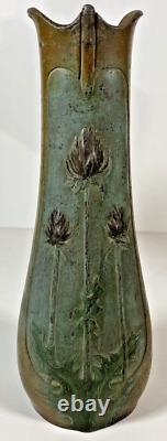 Paire Vases Art Nouveau Régule Patiné Bronze Signés Lesueur Décor Floral