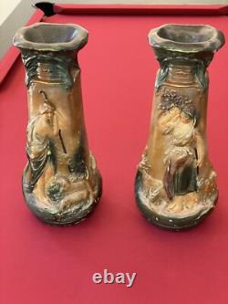 Paire Vases Plâtre Peint Signé CF Paris Art Nouveau Ancien H. 43 Cm Bergère