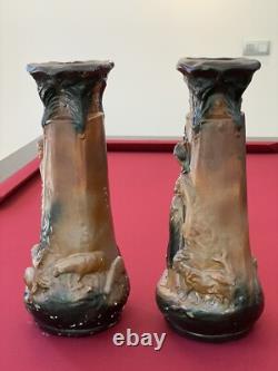 Paire Vases Plâtre Peint Signé CF Paris Art Nouveau Ancien H. 43 Cm Bergère