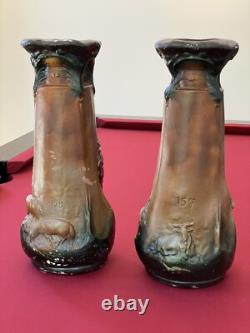 Paire Vases Plâtre Peint Signé CF Paris Art Nouveau Ancien H. 43 Cm Bergère