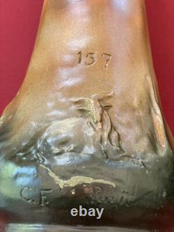 Paire Vases Plâtre Peint Signé CF Paris Art Nouveau Ancien H. 43 Cm Bergère