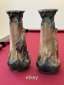 Paire Vases Plâtre Peint Signé CF Paris Art Nouveau Ancien H. 43 Cm Bergère