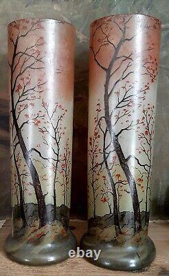 Paire Vases Rouleaux décor automnal probable LEGRAS Vosges Art Nouveau