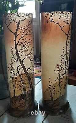 Paire Vases Rouleaux décor automnal probable LEGRAS Vosges Art Nouveau