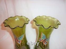 Paire Vases Verre Émaillé Décor Papillons Art Nouveau Enamel Glass Legras