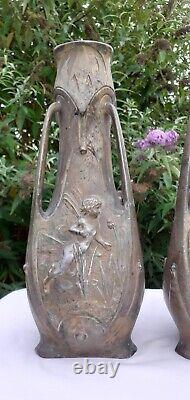Paire Vases signé Jean Garnier Art Nouveau (1853-1910) en régule 3 faces H 38 cm
