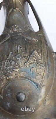 Paire Vases signé Jean Garnier Art Nouveau (1853-1910) en régule 3 faces H 38 cm