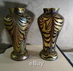 Paire Vases verre irisés Bohème -Art Nouveau-Kralik Czech glass-Chips on rim