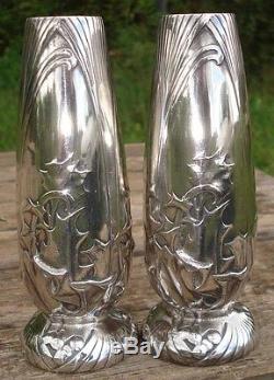 -Paire de Petits Vases Art Nouveau en métal Argenté Orfèvrerie GALLIA