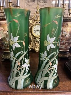 Paire de Vases Art Nouveau verre Vert émaillé Jonquilles LEGRAS