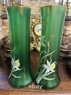 Paire de Vases Art Nouveau verre Vert émaillé Jonquilles LEGRAS