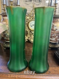 Paire de Vases Art Nouveau verre Vert émaillé Jonquilles LEGRAS