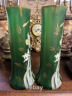 Paire de Vases Art Nouveau verre Vert émaillé Jonquilles LEGRAS