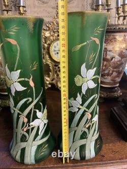 Paire de Vases Art Nouveau verre Vert émaillé Jonquilles LEGRAS