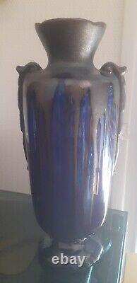Paire de Vases En Grés Émaillé Bleu Brillant Et Glaçure Marron. Art Nouveau