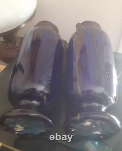 Paire de Vases En Grés Émaillé Bleu Brillant Et Glaçure Marron. Art Nouveau