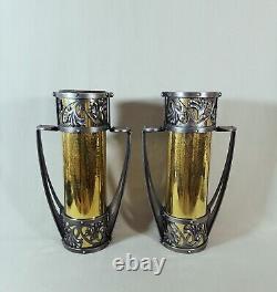 Paire de Vases Epoque Art Nouveau, Fer Forgé & Laiton Martelé, Sign à identifier